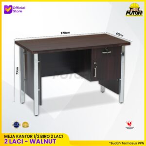 Meja kantor 1/2 Biro 120cm 2 laci kaki besi chrome | warna walnut MUTOH HQ