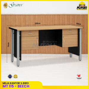 Meja POPULAR MT-115 Beech meja kerja meja tulis 1 Biro kaki besi meja kantor kaki besi 4 laci meja kerja 150 cm