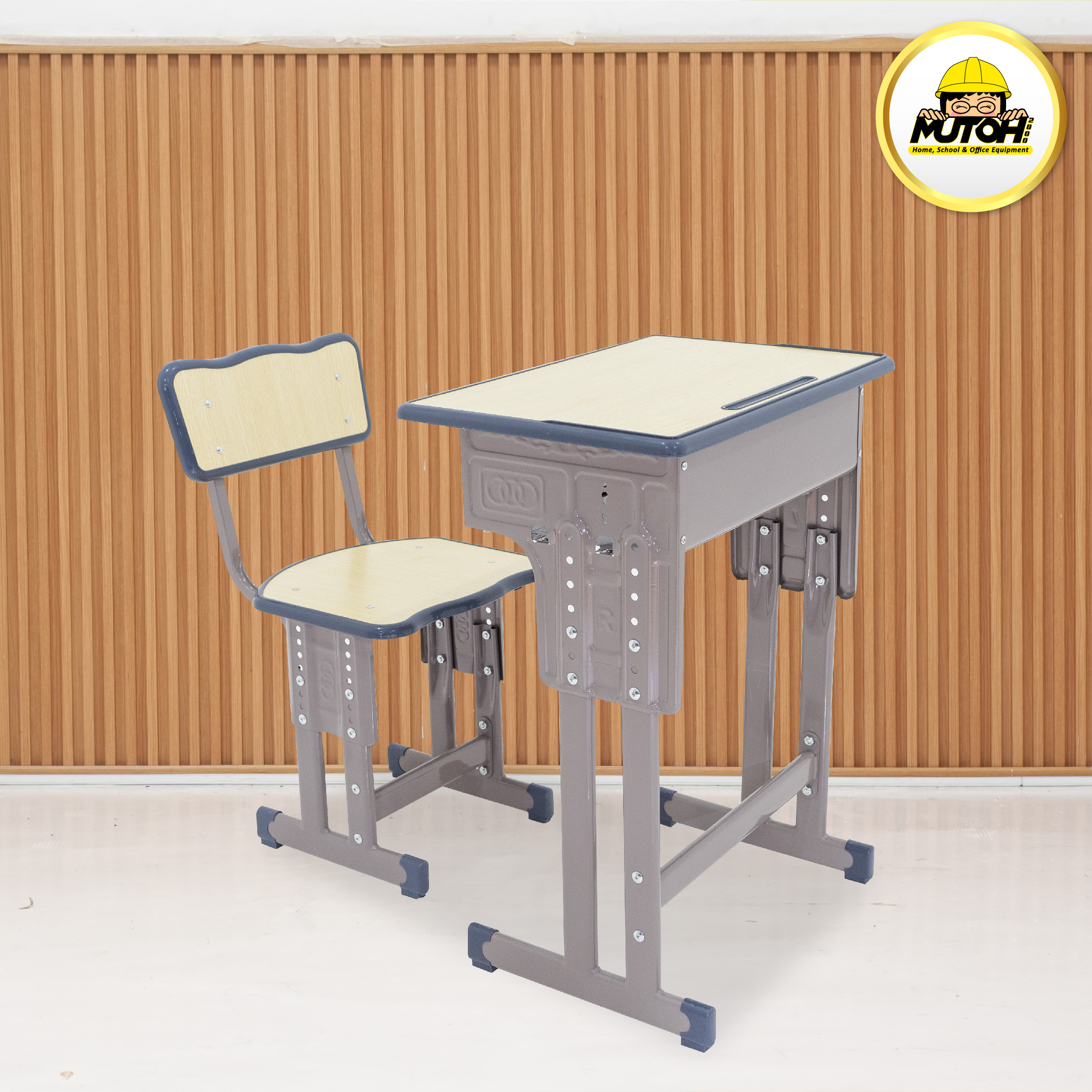 Meja belajar Set Wooden Grey meja kursi siswa | warna serat kayu lis abu-abu MUTOH EKONOMIS