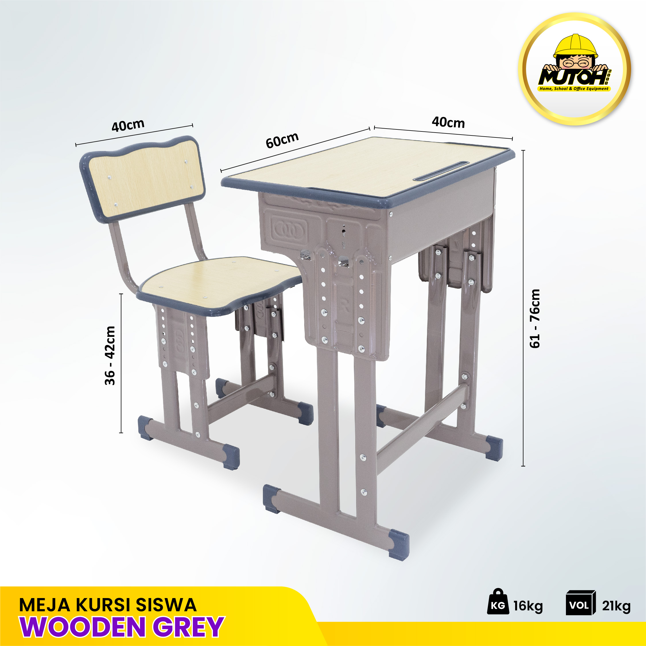 Meja belajar Set Wooden Grey meja kursi siswa | warna serat kayu lis abu-abu MUTOH EKONOMIS - Gambar 2