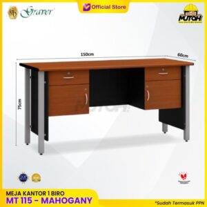 Meja POPULAR MT-115 Mahogany meja kerja meja tulis 1 Biro kaki besi meja kantor kaki besi 4 laci meja kerja 150cm