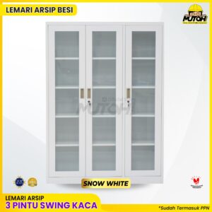 Lemari besi arsip 3 pintu swing kaca putih MUTOH SNOW WHITE
