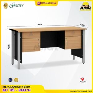 Meja POPULAR MT-115 Beech meja kerja meja tulis 1 Biro kaki besi meja kantor kaki besi 4 laci meja kerja 150 cm