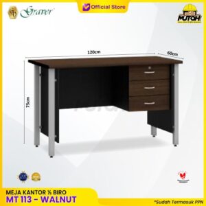 Meja POPULAR MT-113 Walnut meja kerja meja tulis 1/2 Biro kaki besi meja kantor kaki besi 3 laci 120cm