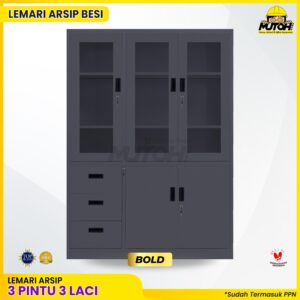 Lemari besi arsip kombinasi 3 pintu 3 laci abu tua MUTOH BOLD