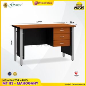 Meja POPULAR MT-113 Mahogany meja kerja meja tulis 1/2 Biro kaki besi meja kantor kaki besi 3 laci 120cm