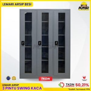 Lemari besi arsip 3 pintu swing kaca abu tua MUTOH BOLD Bersertifikat TKDN