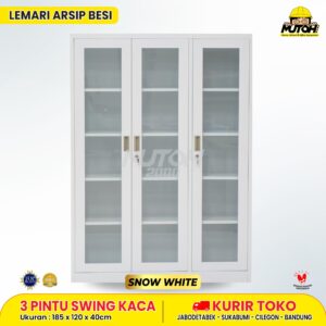 Lemari besi arsip 3 pintu swing kaca putih MUTOH SNOW WHITE