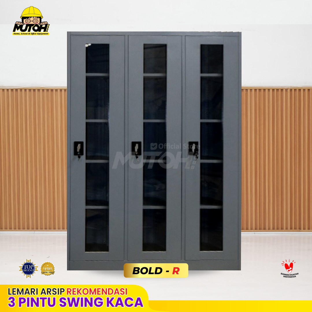 Lemari arsip besi Rekomendasi | 3 pintu swing kaca abu tua MUTOH BOLD Bersertifikat TKDN