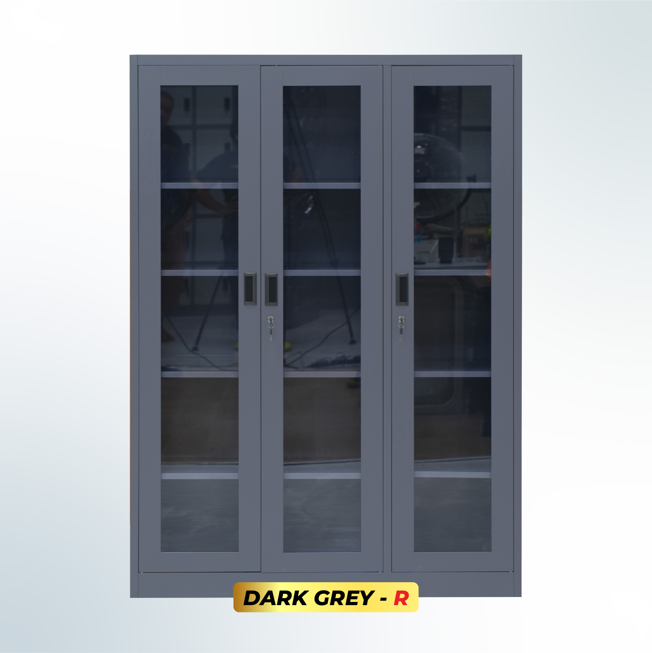 MUTOH-R DARK GREY | Lemari Arsip Besi 3 Pintu Swing Kaca – Abu Tua