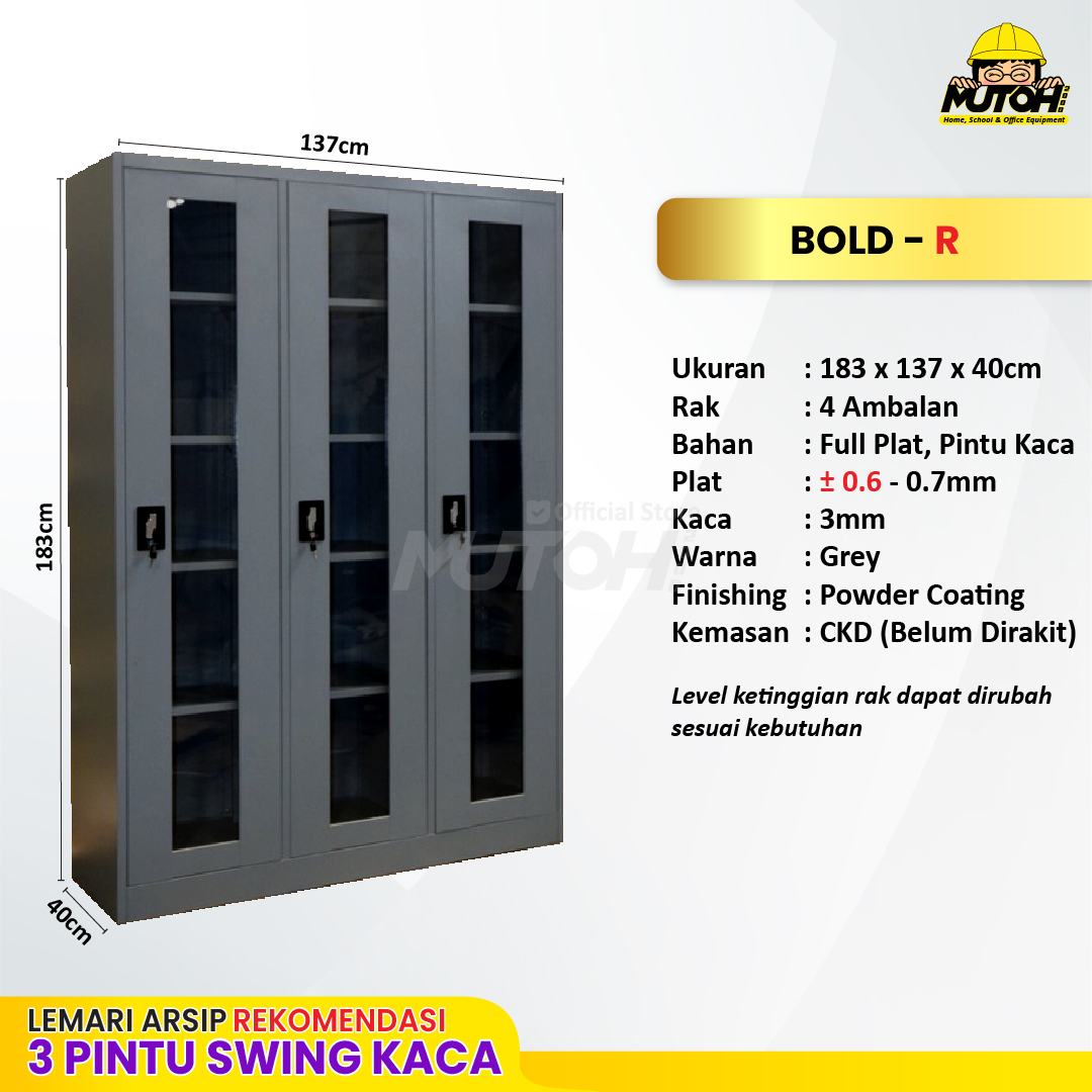 Lemari arsip besi Rekomendasi | 3 pintu swing kaca abu tua MUTOH BOLD Bersertifikat TKDN - Gambar 2
