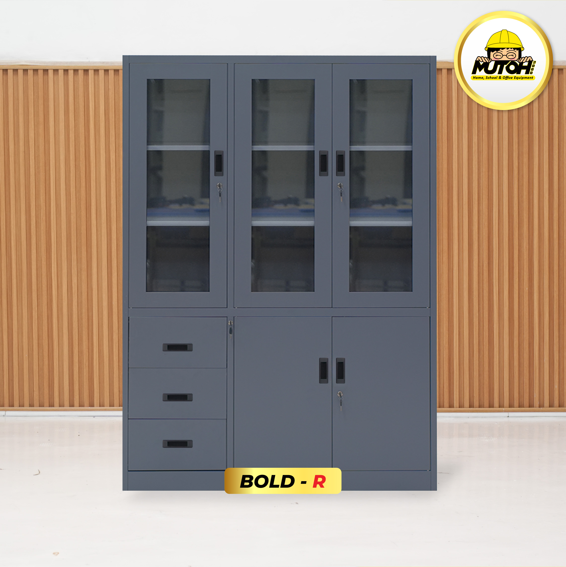 MUTOH BOLD R | Lemari besi arsip kombinasi 3 pintu 3 laci abu tua