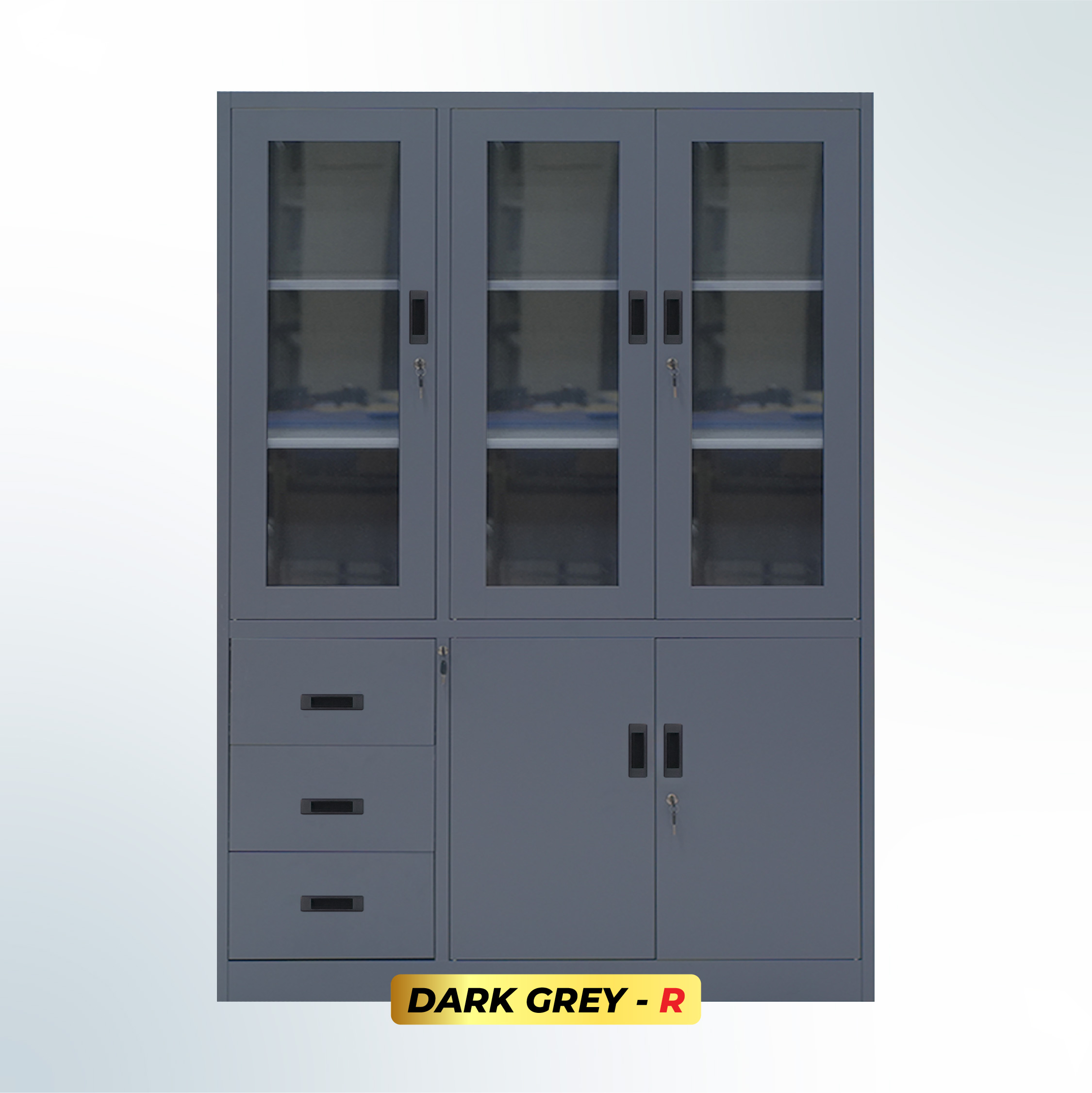 MUTOH-R DARK GREY | Lemari Arsip Besi Kombinasi 3 Pintu 3 Laci – Abu Tua