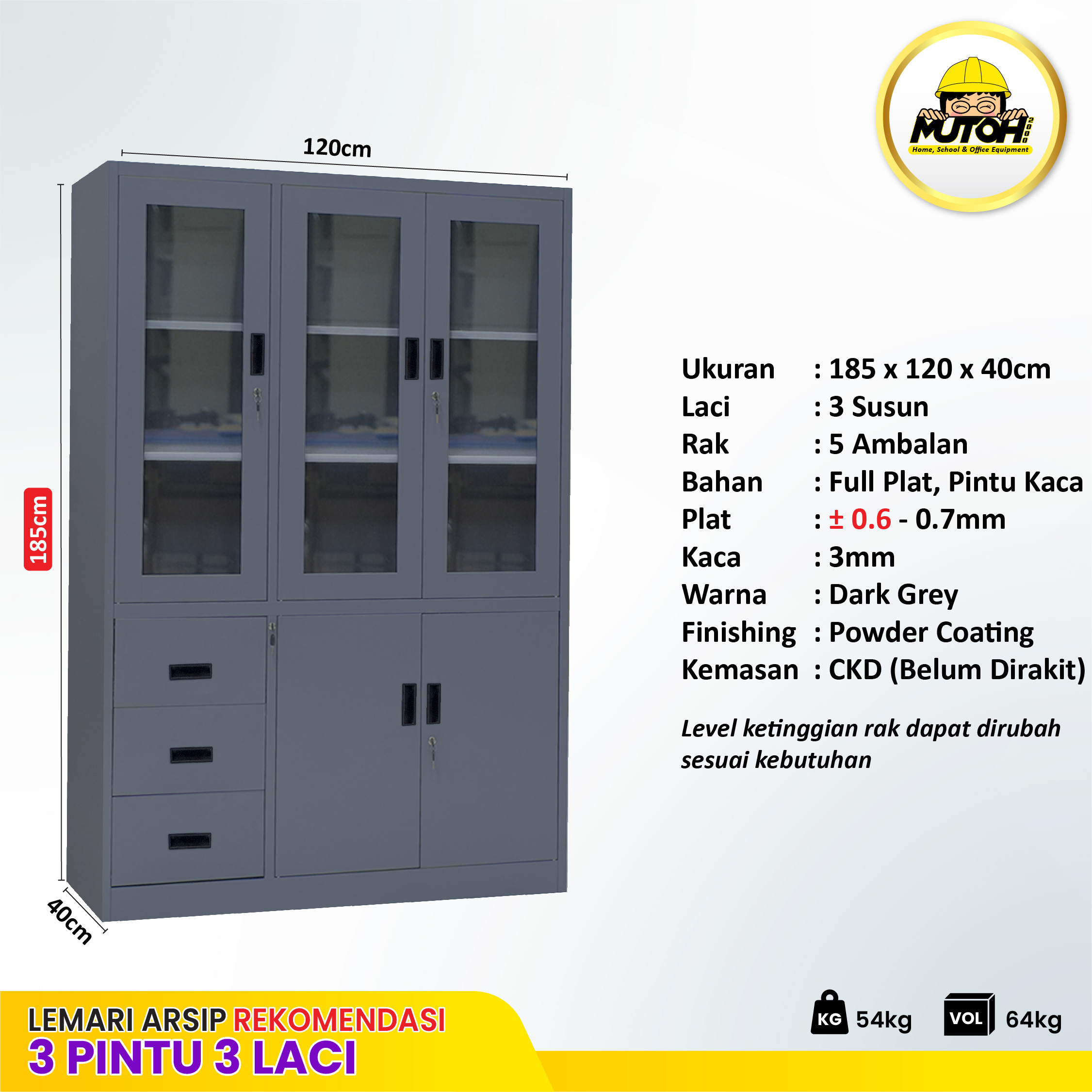 MUTOH BOLD R | Lemari besi arsip kombinasi 3 pintu 3 laci abu tua - Gambar 2