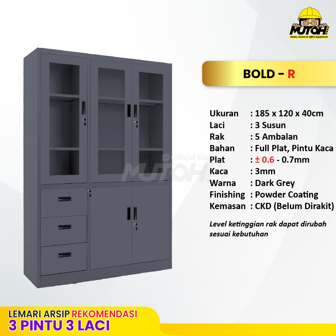 Lemari arsip besi Rekomendasi | Kombinasi 3 pintu 3 laci abu tua MUTOH BOLD - Gambar 2