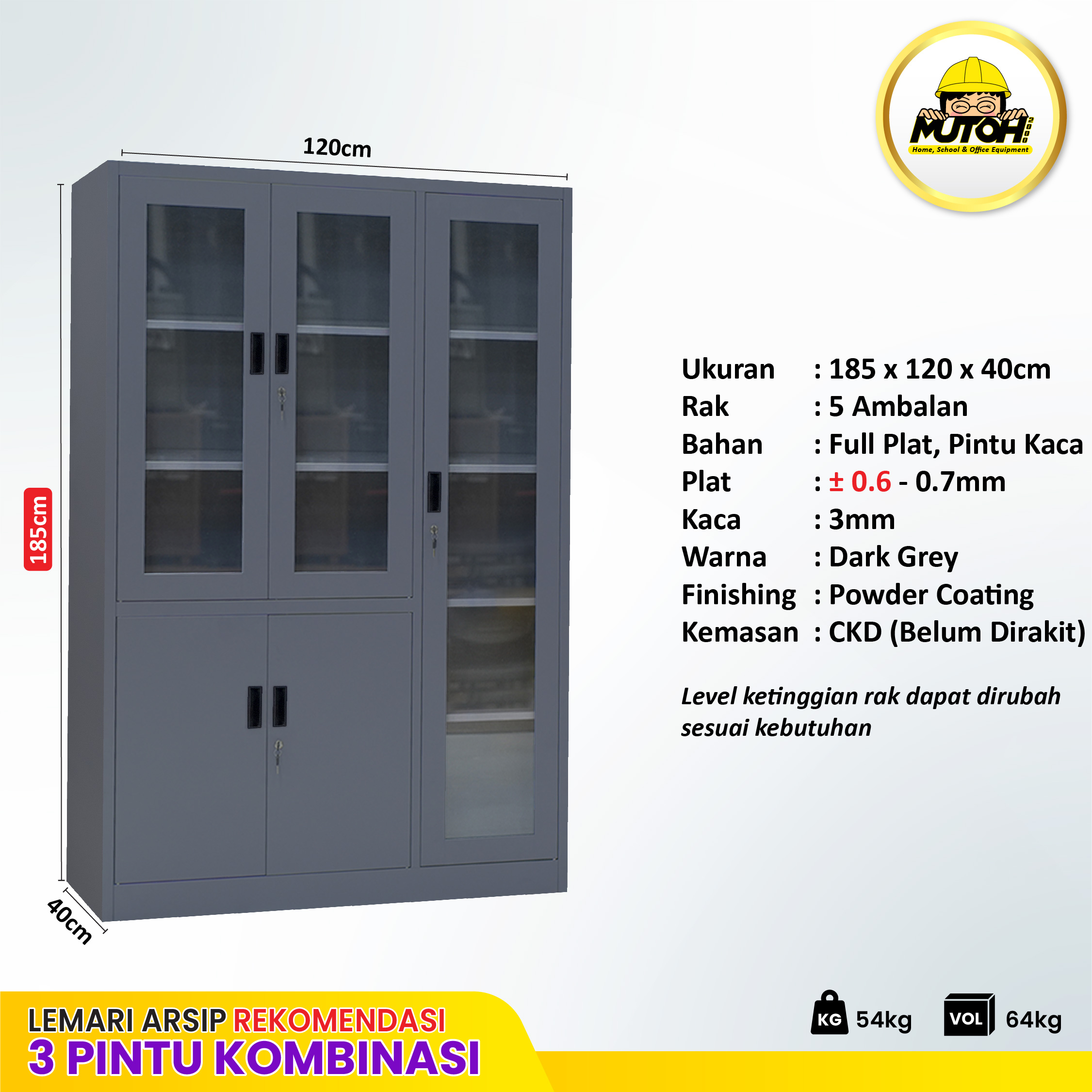 MUTOH BOLD R | Lemari besi arsip kombinasi 3 pintu abu tua - Gambar 2