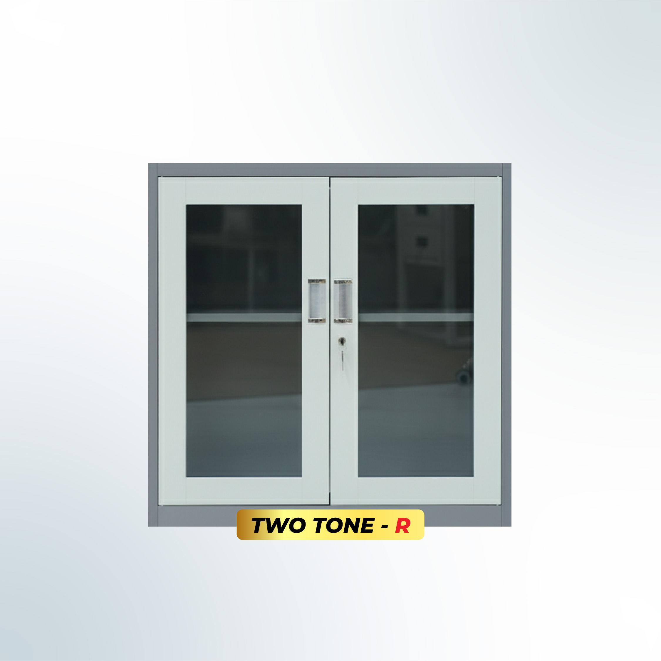 MUTOH-R TWO TONE | Lemari Arsip Besi Pendek 2 Pintu Swing Kaca – Kombinasi Abu