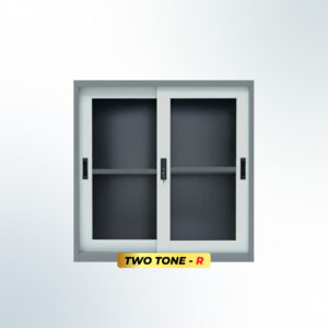 MUTOH-R TWO TONE | Lemari Arsip Besi Pendek 2 Pintu Sliding Kaca – Kombinasi Abu