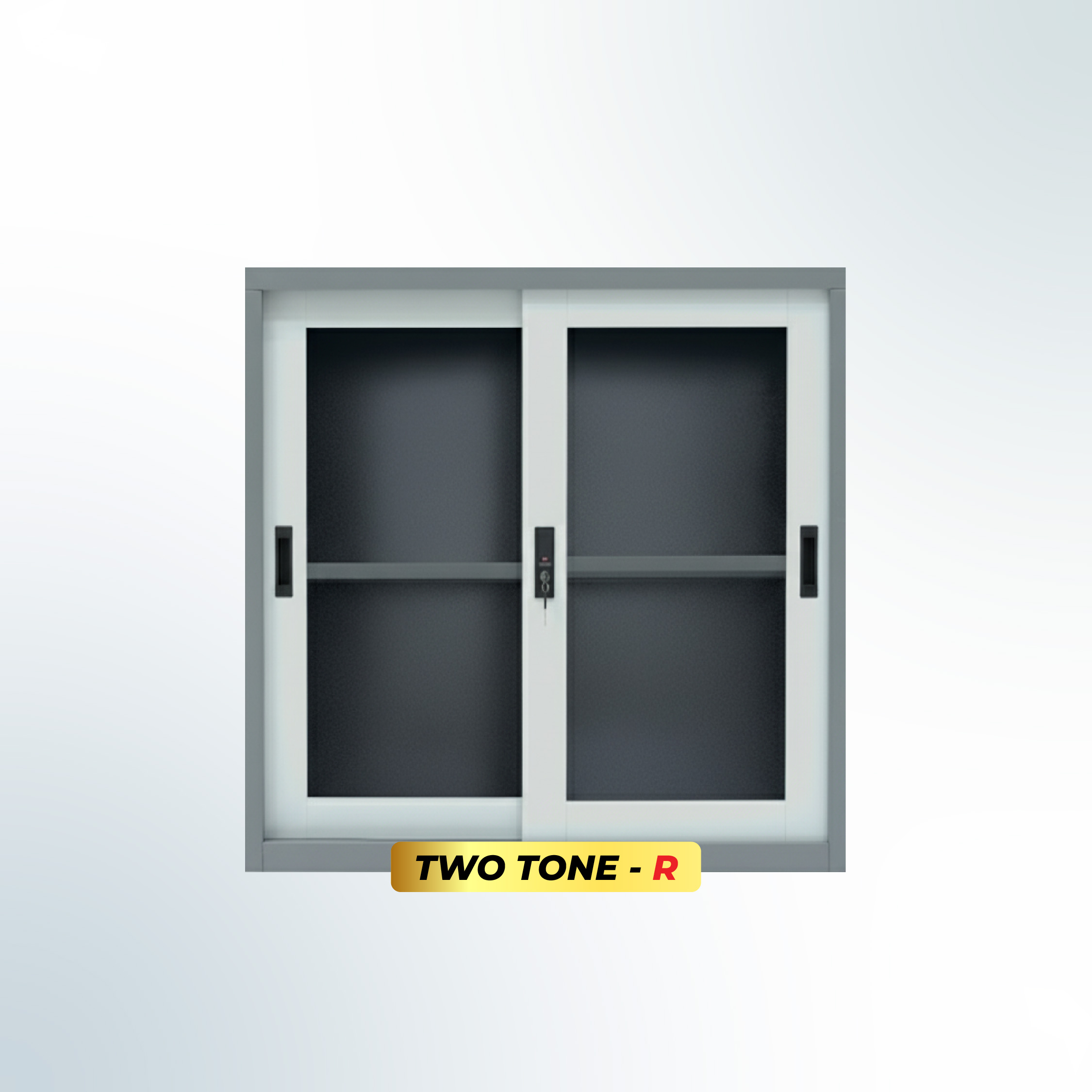 MUTOH-R TWO TONE | Lemari Arsip Besi Pendek 2 Pintu Sliding Kaca – Kombinasi Abu