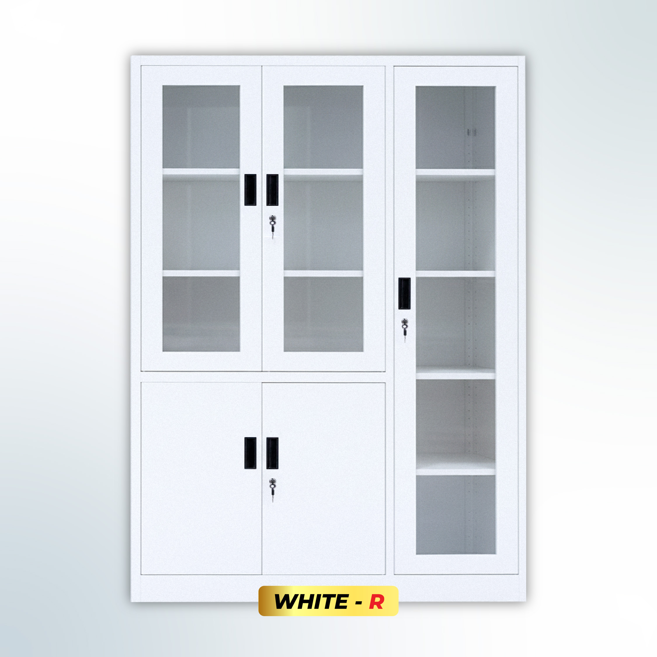 MUTOH-R WHITE | Lemari Arsip Besi Kombinasi 3 Pintu Swing – Putih