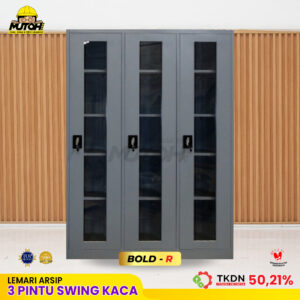Lemari besi arsip 3 pintu swing kaca abu tua MUTOH BOLD Bersertifikat TKDN