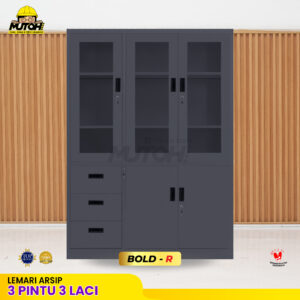 Lemari besi arsip kombinasi 3 pintu 3 laci abu tua MUTOH BOLD