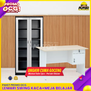 Promo OCG | Lemari Arsip Besi Swing Kaca + Meja Belajar Komputer 1/2 Biro