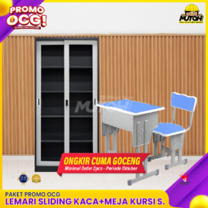 Promo OCG | Lemari Arsip Besi Sliding Kaca + Meja Kursi Sekolah Set Adjustable