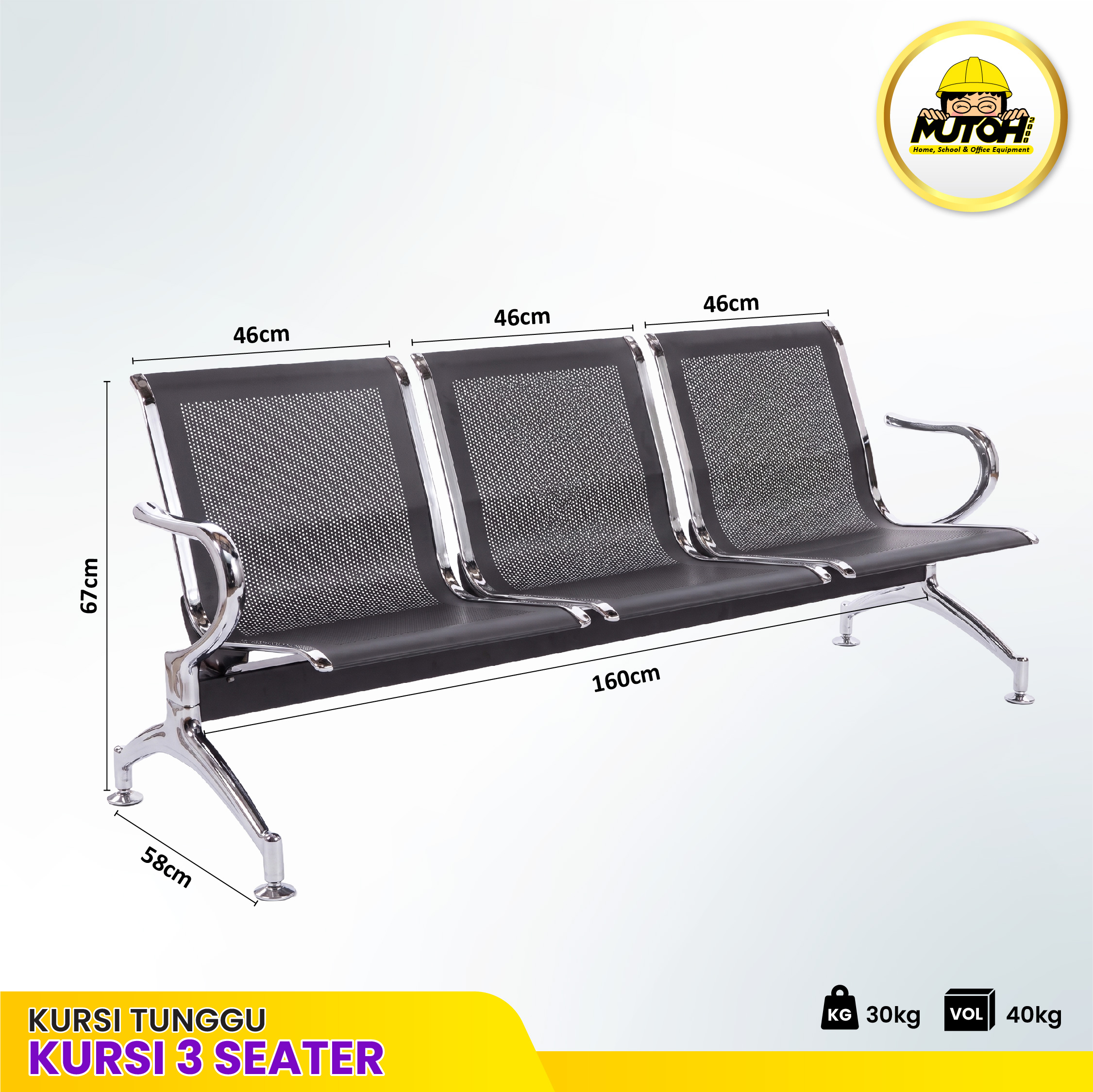 Kursi tunggu bandara 3 dudukan besi stainless warna hitam MUTOH2000 - Gambar 2