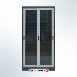 MUTOH-E TWO TONE | Lemari Arsip Besi 2 Pintu Sliding Kaca – Kombinasi Abu