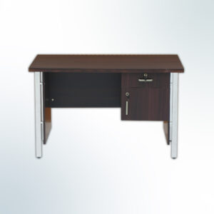 MEJA KANTOR | Meja 1/2 Biro 120cm 2 Laci Kaki Besi Chrome – Walnut