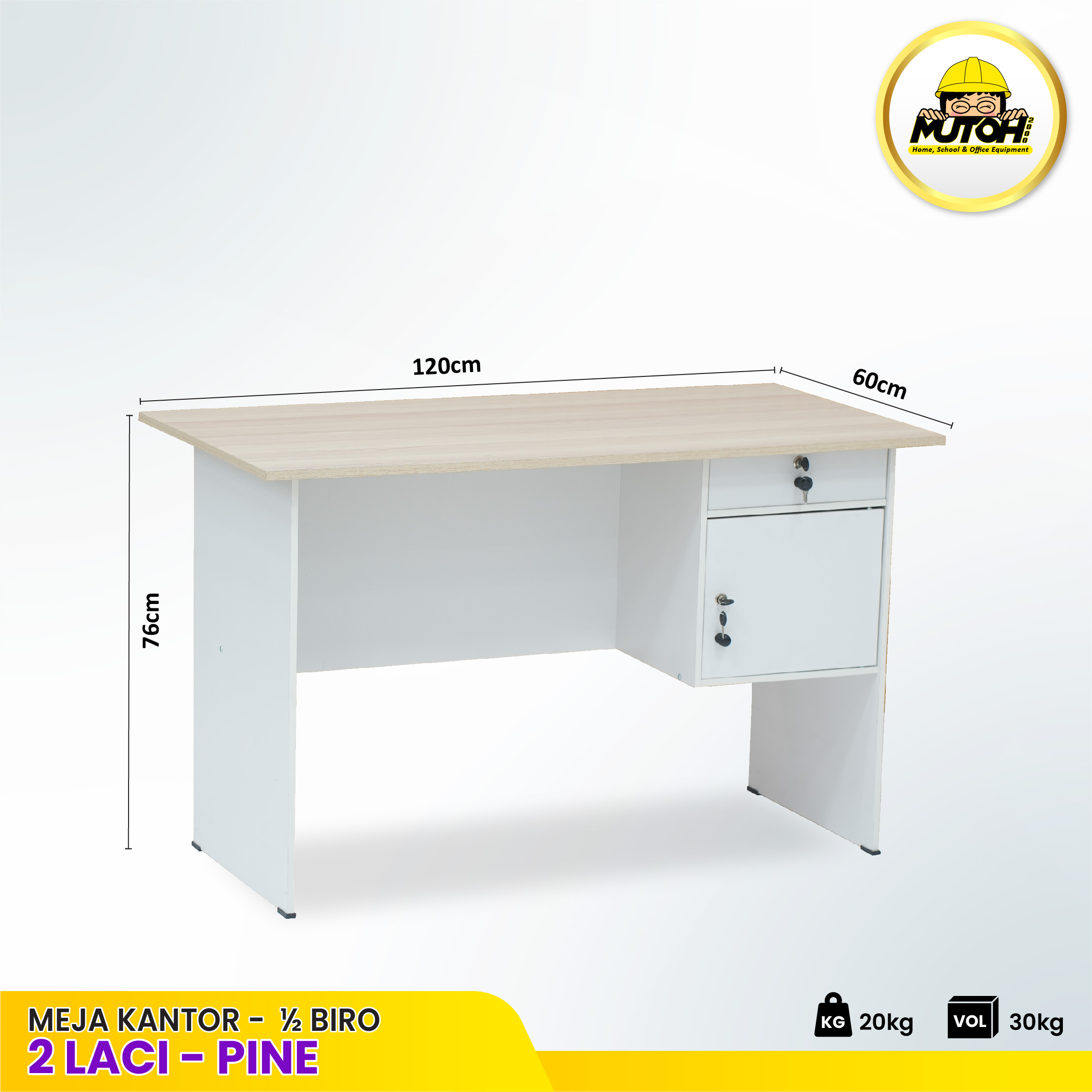 Meja Kantor 1/2 Biro MUTOH Ekonomis – Meja Tulis 120 cm 2 Laci Warna Pine - Gambar 2