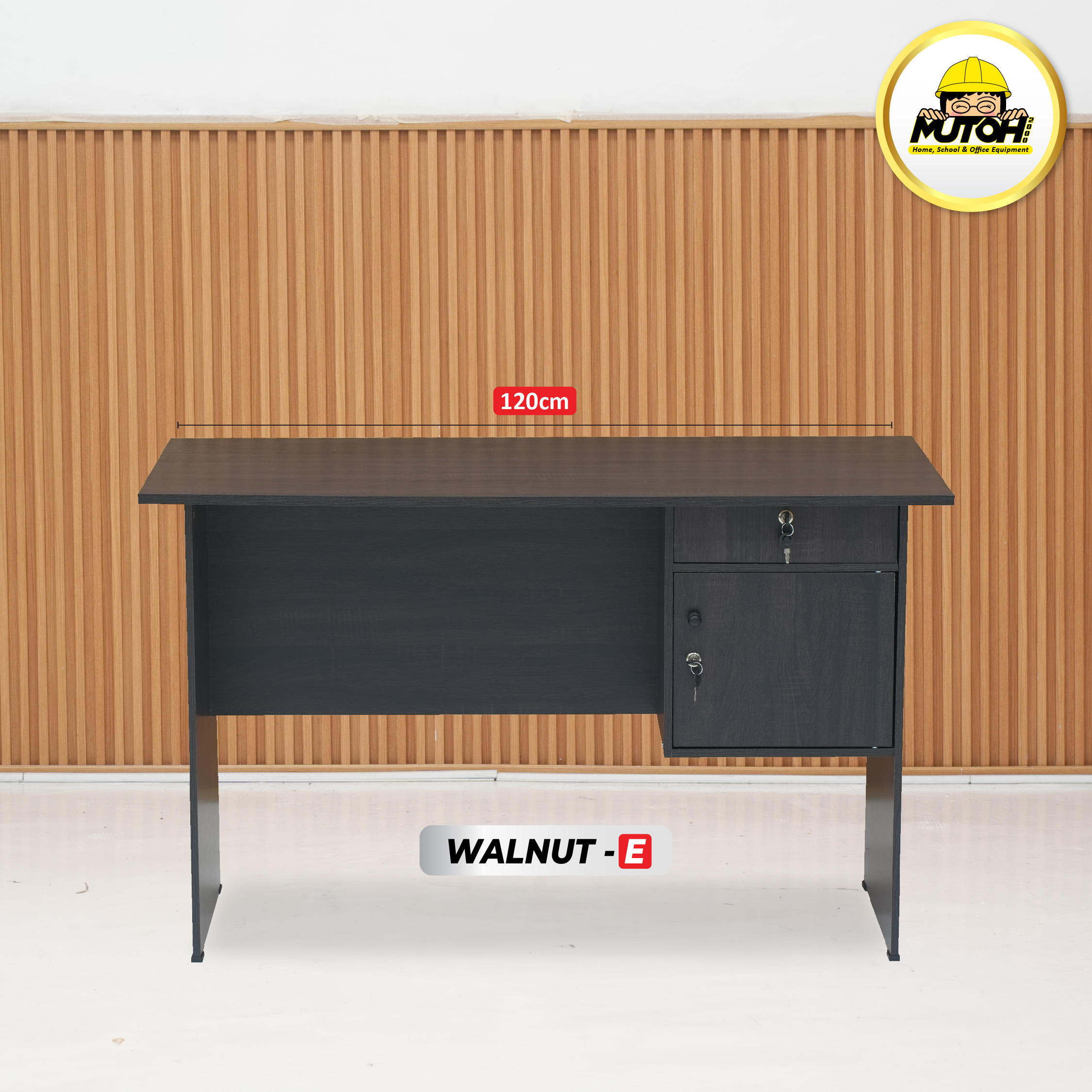 Meja Kantor 1/2 Biro MUTOH Ekonomis – Meja Tulis 120 cm 2 Laci Warna Walnut