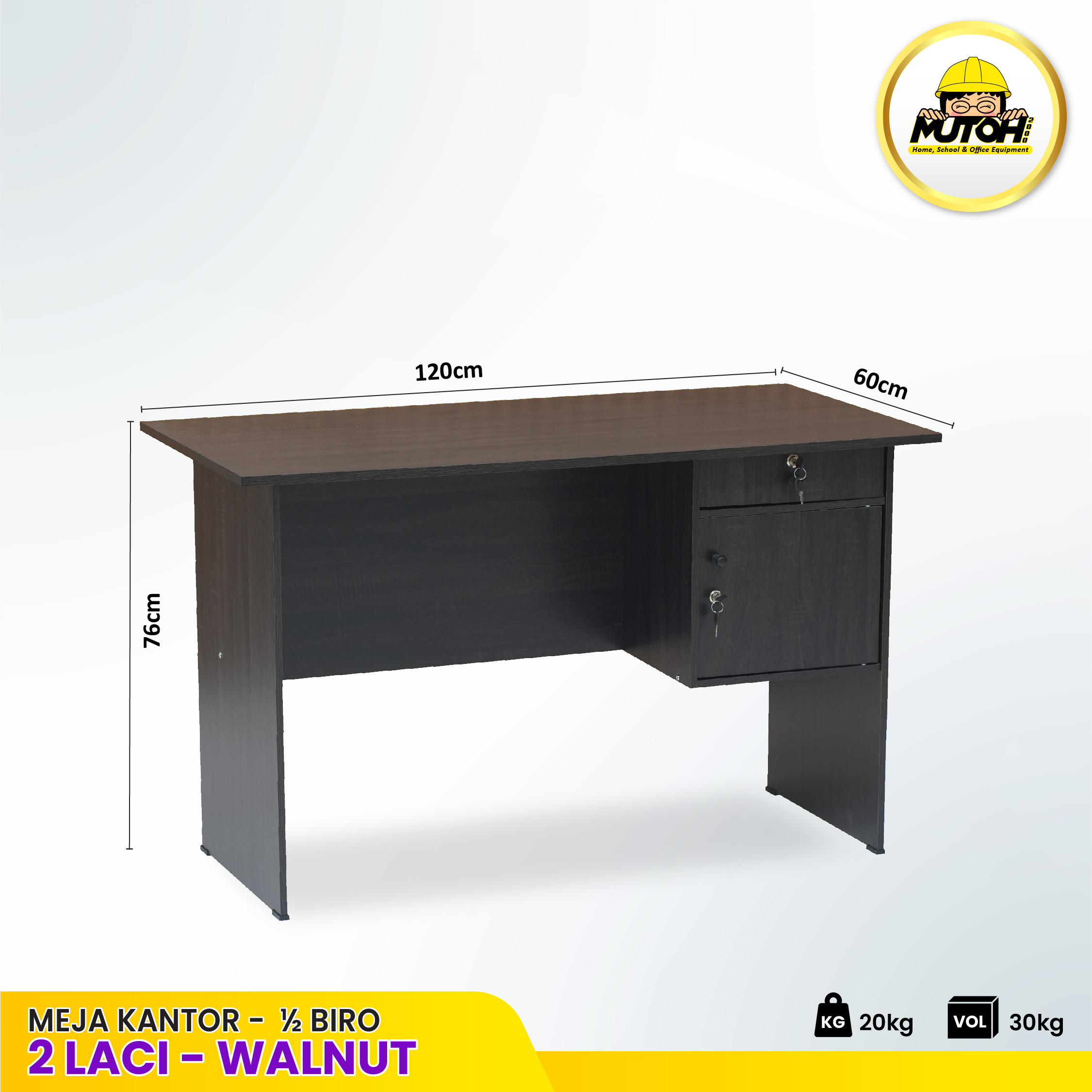 Meja Kantor 1/2 Biro MUTOH Ekonomis – Meja Tulis 120 cm 2 Laci Warna Walnut - Gambar 2