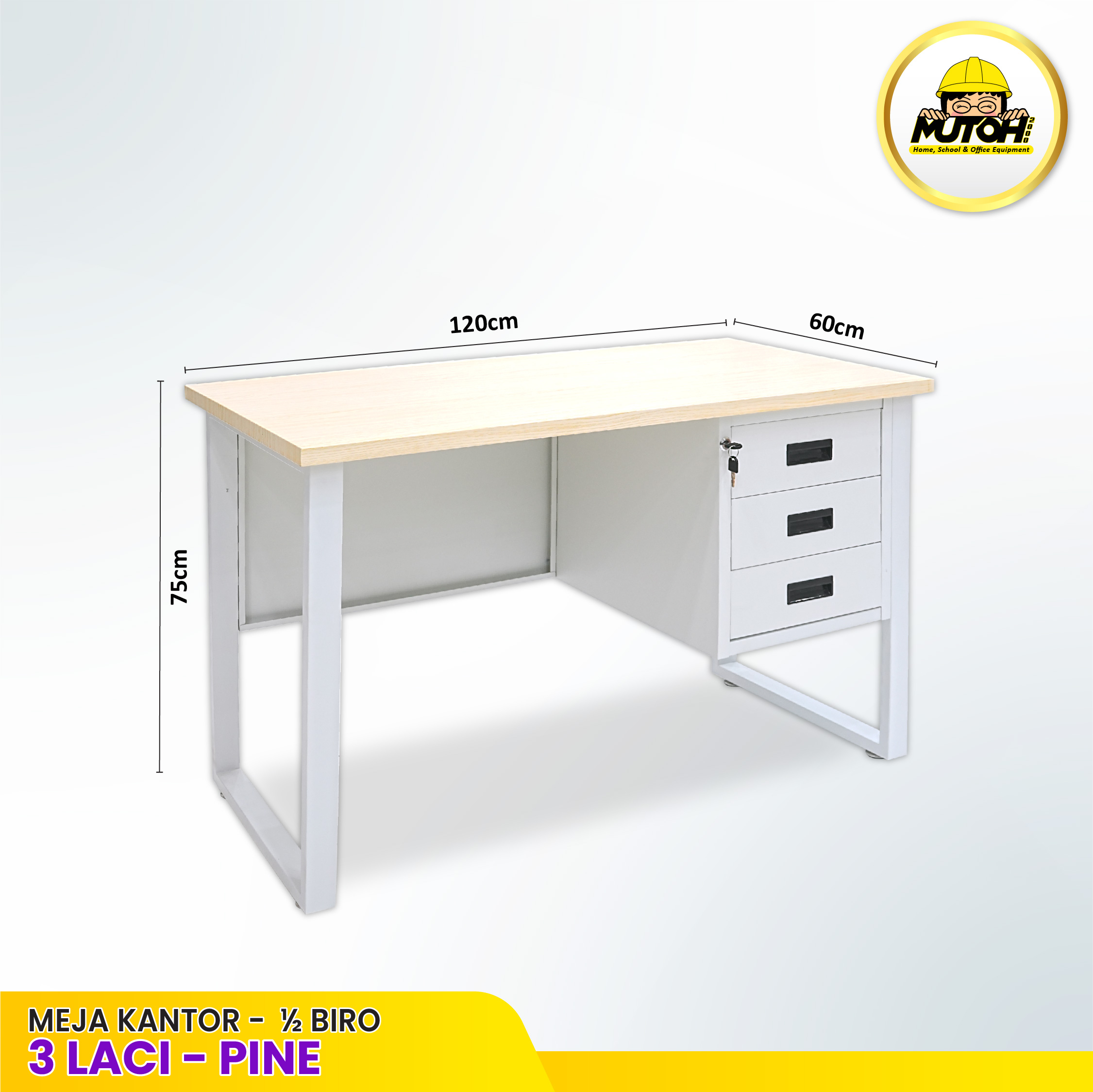 Meja Kantor Besi 120 cm – 1/2 Biro, 3 Laci Meja Kerja, Meja Tulis Pine - Gambar 2