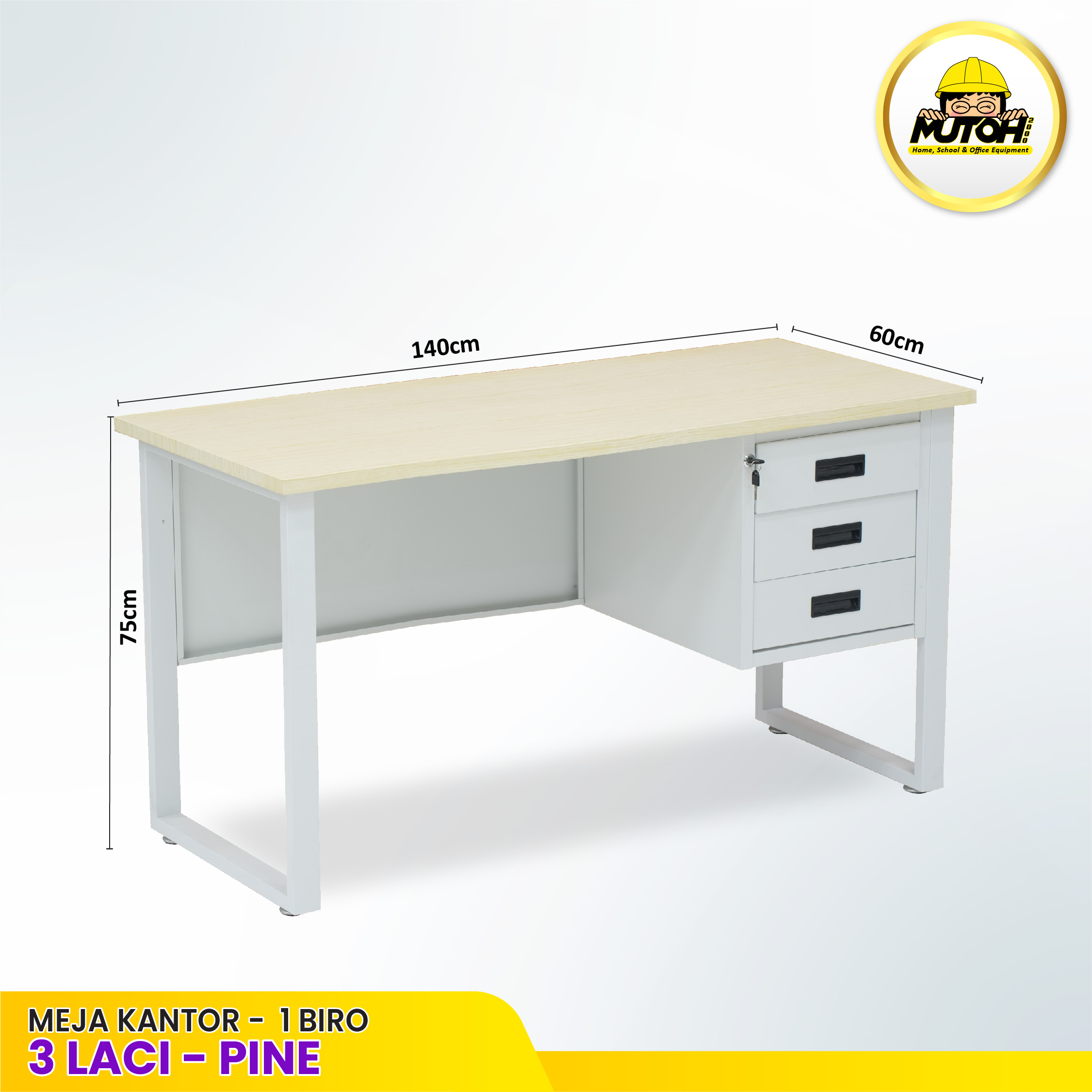 Meja Kantor Besi 140 cm – 1 Biro, 3 Laci Meja Kerja, Meja Tulis Pine - Gambar 2