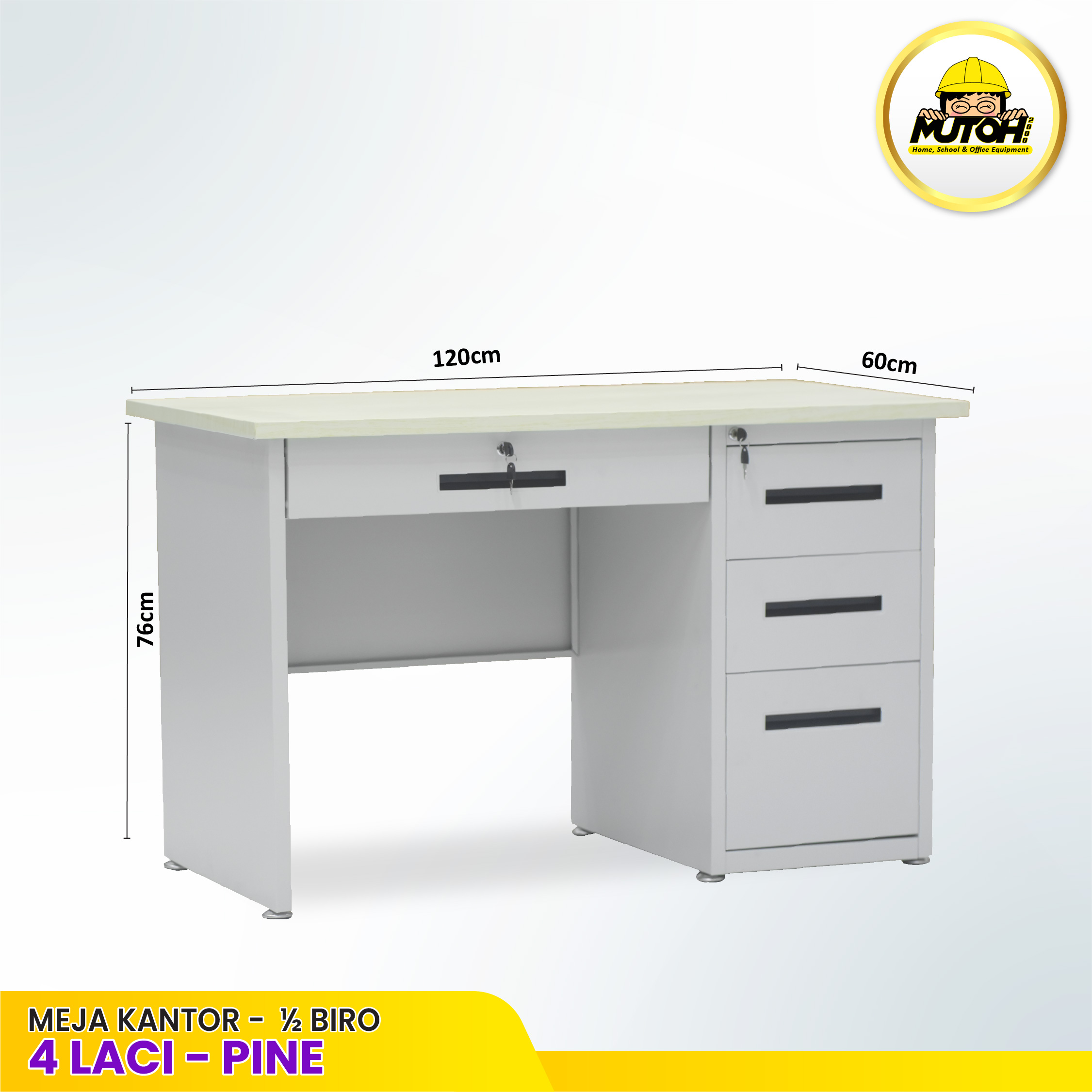 Meja Kantor Besi 120 cm – 1/2 Biro, 4 Laci Meja Kerja, Meja Tulis Pine - Gambar 2