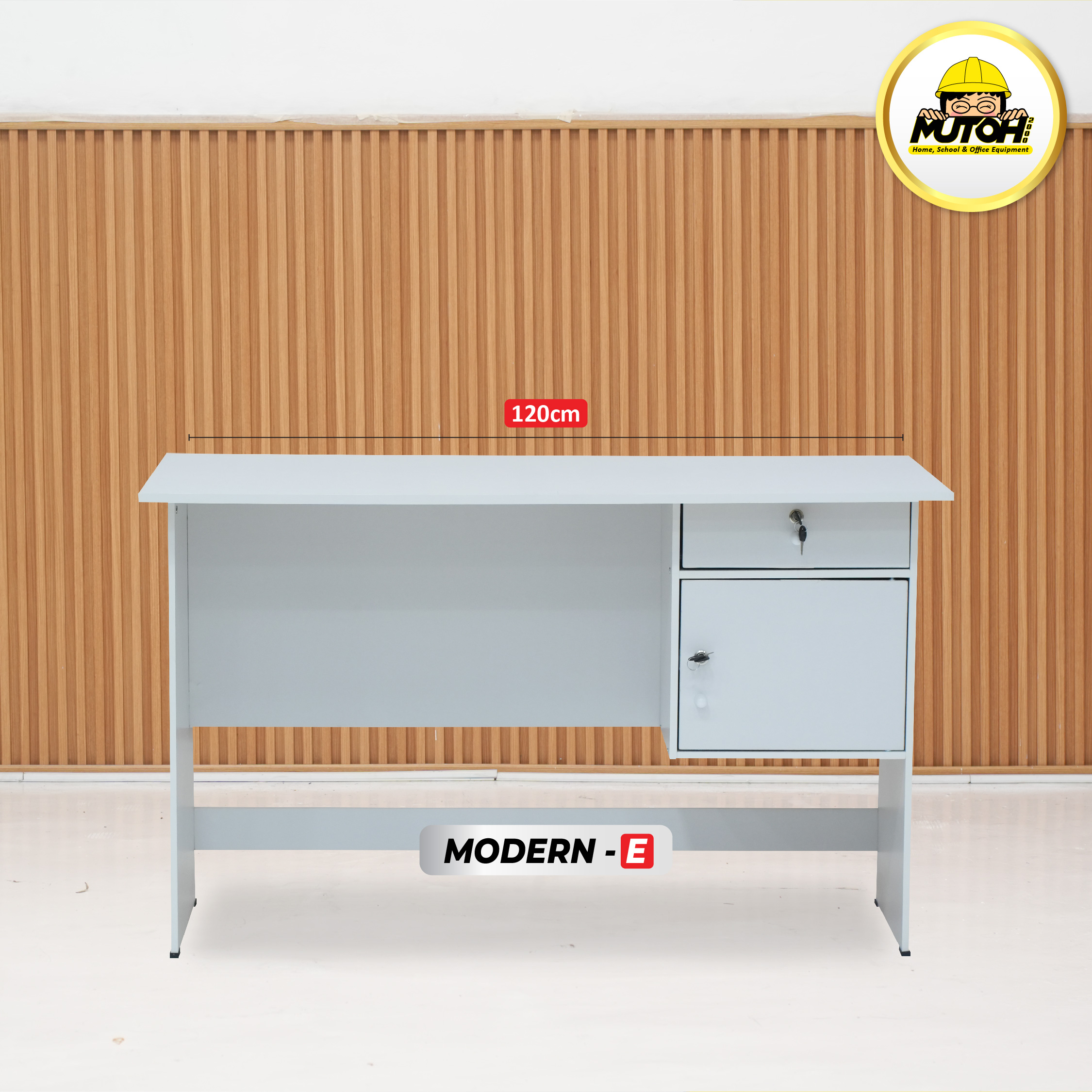 Meja Kantor 1/2 Biro MUTOH Ekonomis – Meja Tulis 120 cm 2 Laci Warna Putih
