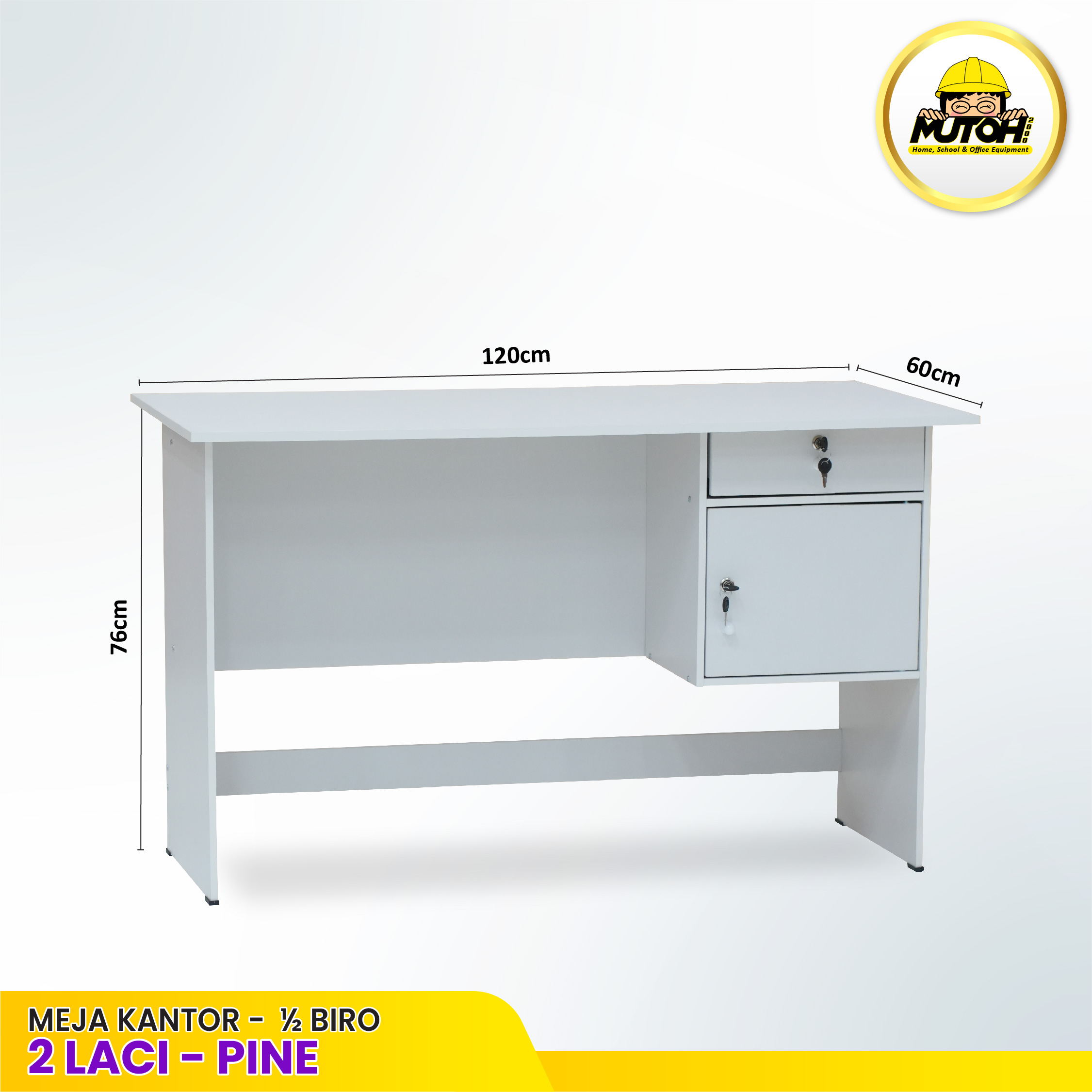 Meja Kantor 1/2 Biro MUTOH Ekonomis – Meja Tulis 120 cm 2 Laci Warna Putih - Gambar 2