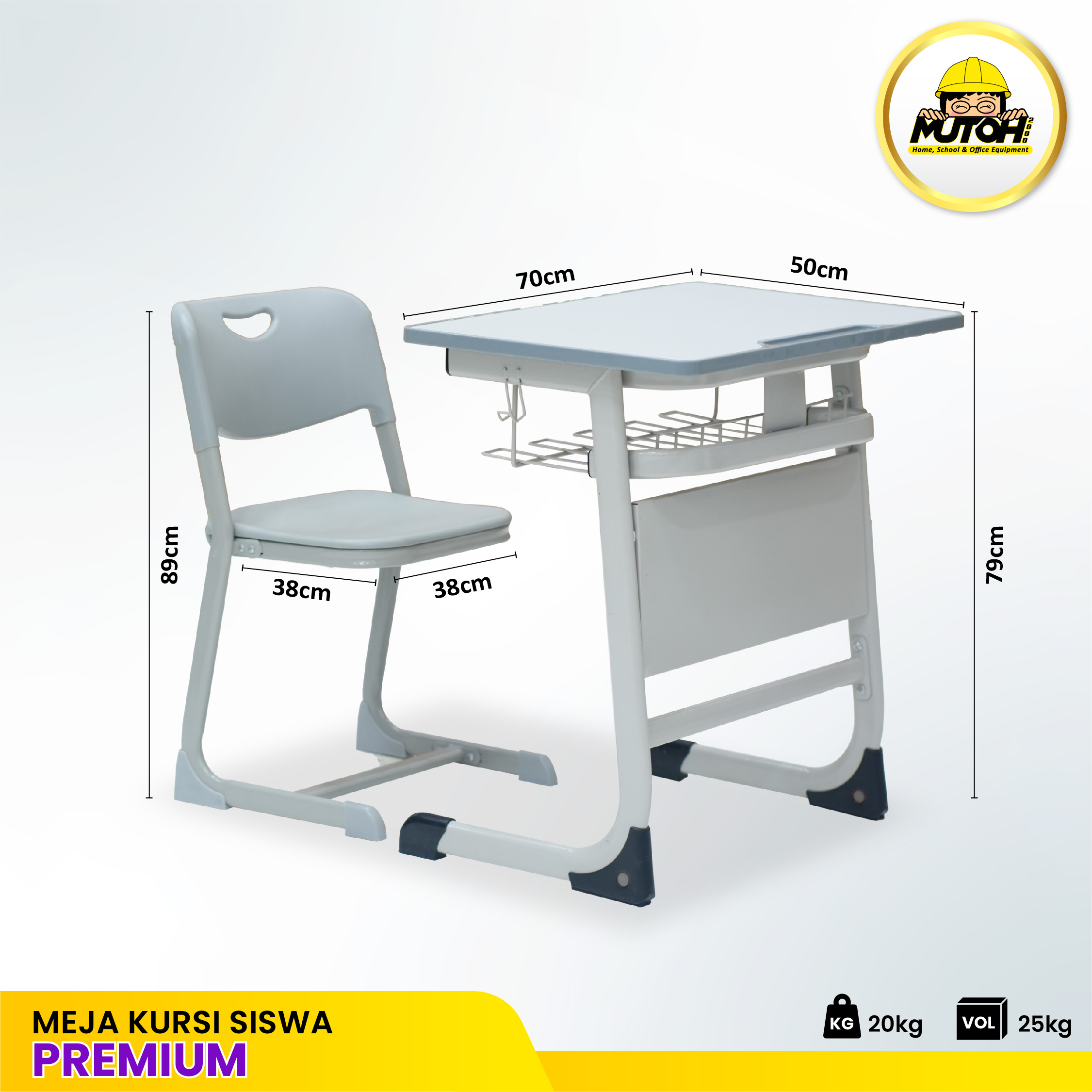Meja belajar Set Premium meja kursi siswa warna abu-abu - Gambar 2